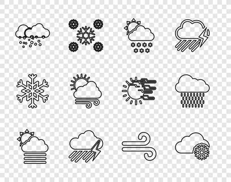Set line Fog and cloud with sun, Cloud snow, rain lightning, Windy weather,.. Stock Illustration