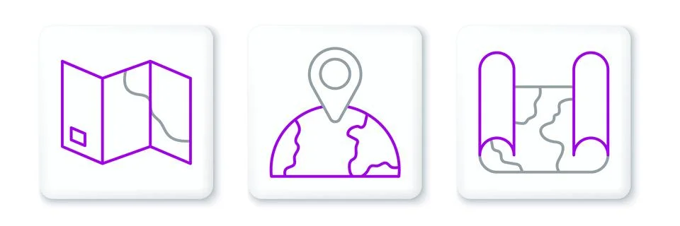 Set line Folded map, and Location on the globe icon. Vector Illustrazione stock
