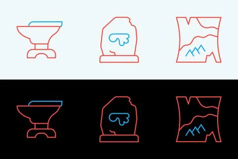 Set line Folded map, Anvil for blacksmithing and Magic rune icon. Vector 스톡 일러스트
