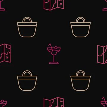 Set line Folded map, Beach bag and Cocktail on seamless pattern. Vector イラスト素材
