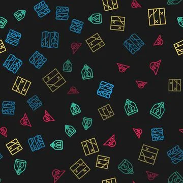 Set line Folded map, Camping lantern, and Fisherman hat on seamless pattern 库存插图