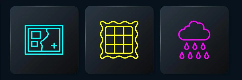 Set line Folded map, Cloud with rain and Checkered napkin. Black square button Illustrazione stock