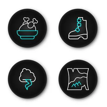 Set line Folded map, Cloud and lightning, Ancient viking boots and Roasted .. Stock Illustration