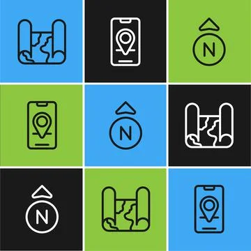 Set line Folded map, Compass and City navigation icon. Vector 스톡 일러스트