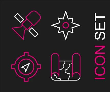 Set line Folded map, Compass, Wind rose and Satellite icon. Vector Stock Illustration