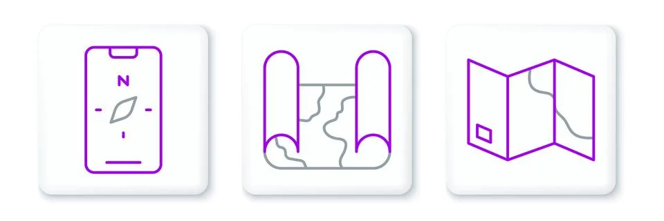 Set line Folded map, Compass on mobile and  icon. Vector Illustrazione stock