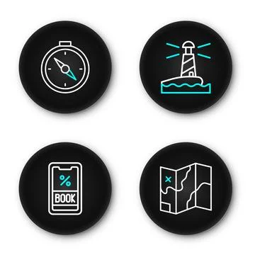 Set line Folded map, Cruise ticket, Lighthouse and Compass icon. Vector 스톡 일러스트