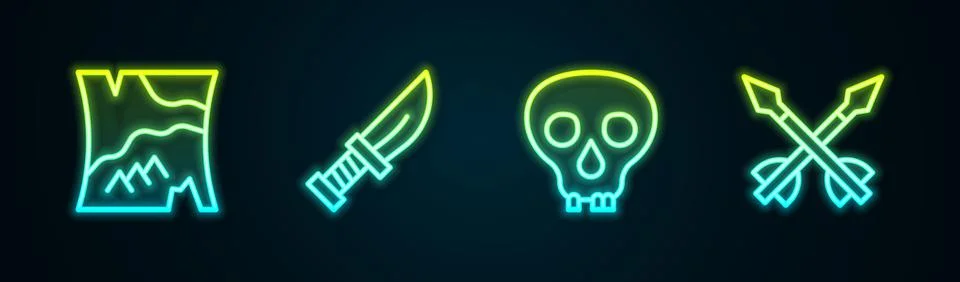 Set line Folded map, Dagger, Skull and Medieval arrows. Glowing neon icon Stock Illustration
