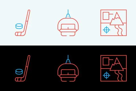 Set line Folded map, Ice hockey stick and puck and Ski lift icon. Vector Stock Illustration