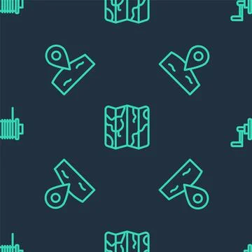 Set line Folded map, Location fishing and Spinning reel for on seamless pattern イラスト素材