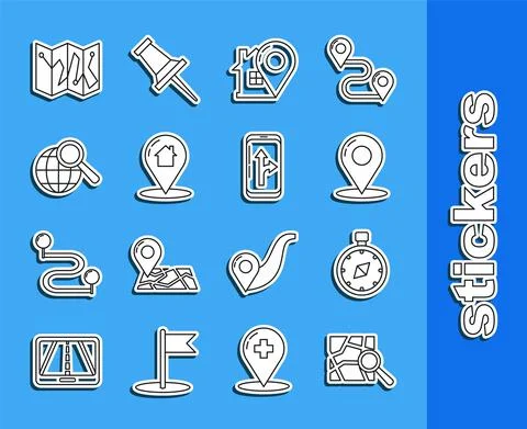 Set line Folded map with location marker, Compass, Map pin, pointer house Stock Illustration