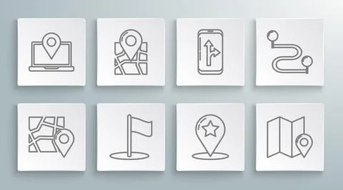 Set line Folded map with location marker, Flag, Map pointer star, Infographic of Stock Illustration