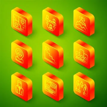 Set line Folded map with location, Project team base, Mountains flag, Worker Illustrazione stock