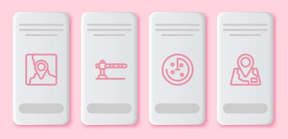 Set line Folded map with location marker, Parking car barrier, Radar targets イラスト素材