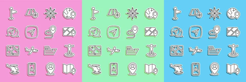 Set line Folded map with location marker, Location person, Infographic of city Stock Illustration