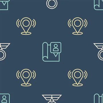 Set line Folded map with location marker, Map pin and on seamless pattern イラスト素材