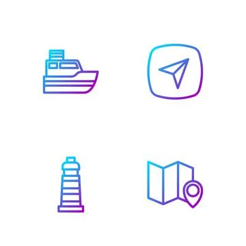 Set line Folded map with location marker, Lighthouse, Ship line path and Stock Illustration