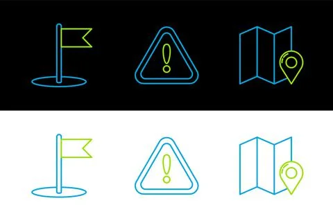 Set line Folded map with location marker, Flag and Exclamation in triangle icon Illustrazione stock