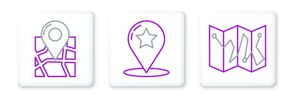Set line Folded map with location marker, and Map pointer star icon. Vector Stock Illustration