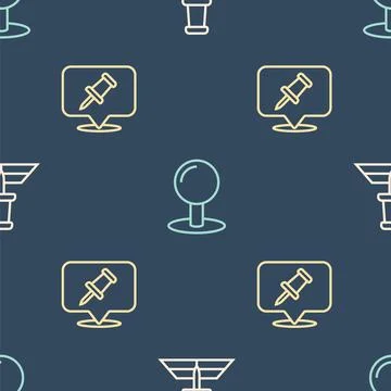 Set line Folded map with location marker, Push pin and  on seamless pattern.  Stockillustratie