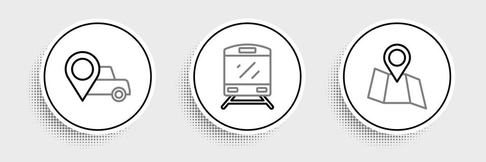 Set line Folded map with location, Location taxi and Train icon. Vector Stock Illustration