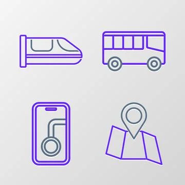 Set line Folded map with location, City navigation, Bus and High-speed train Stock Illustration