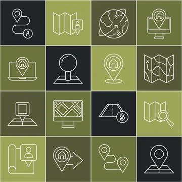 Set line Folded map with location marker, Search, Satellites orbiting the Earth Stock Illustration