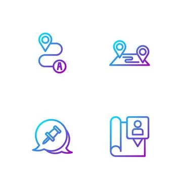 Set line Folded map with location marker, Push pin, Route and . Gradient color Ilustração Stock