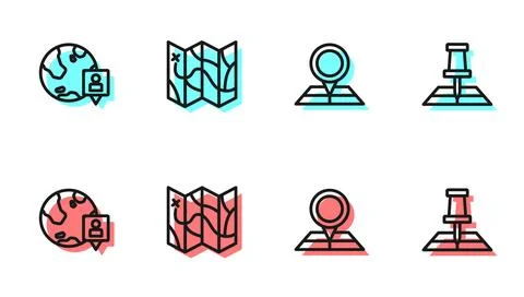 Set line Folded map with location marker, Location the globe, and icon. Vector Stock Illustration