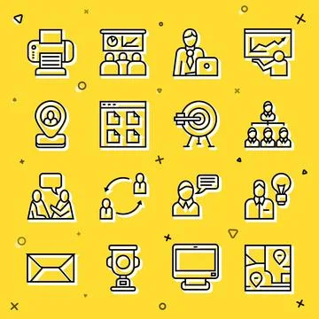 Set line Folded map with location, Human lamp bulb, Hierarchy organogram chart Stock Illustration