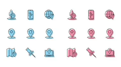 Set line Folded map with location marker, Push pin, Map silhouette of person Stock Illustration