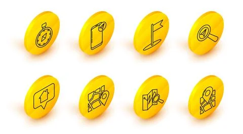 Set line Folded map with location marker, Map pointer house, Search, Flag Stock Illustration