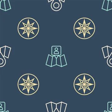 Set line Folded map with location marker, Wind rose and on seamless pattern Stock Illustration
