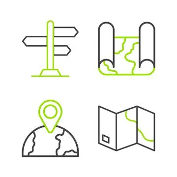 Set line Folded map, Location on the globe, and Road traffic sign icon. Vector イラスト素材