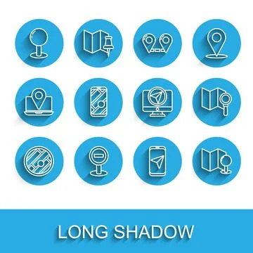 Set line Folded map with location Stop sign Push pin City navigation push Sea Stock Illustration