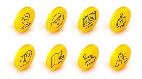 Set line Folded map with location marker, Route, Map pointer house, Compass.. Stock Illustration