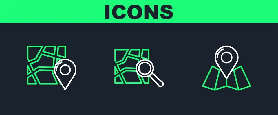 Set line Folded map with location marker,  and  icon. Vector Stock Illustration