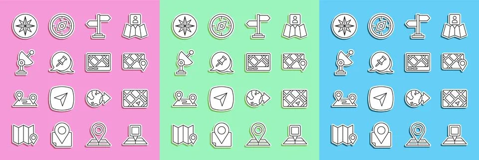 Set line Folded map with location marker, Gps device, Road traffic sign, Pu.. Stock Illustration