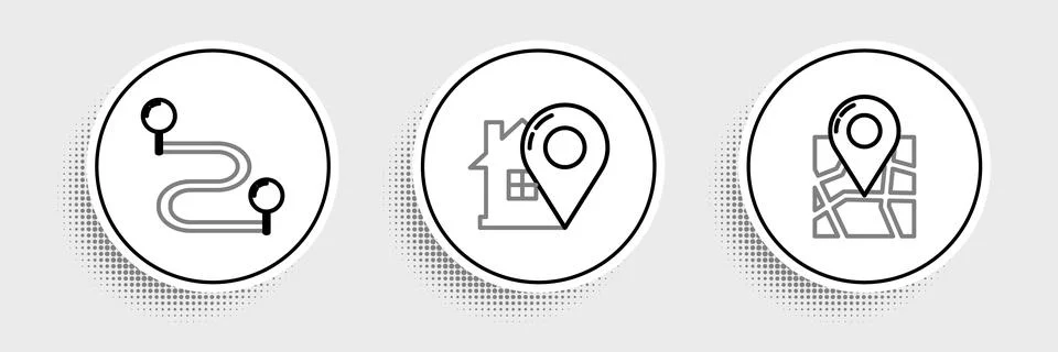 Set line Folded map with location marker, Route and Map pointer house icon... Stock Illustration