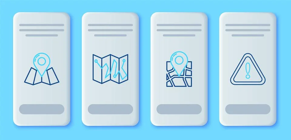 Set line Folded map with location marker,  and Exclamation in triangle icon.. Stock Illustration