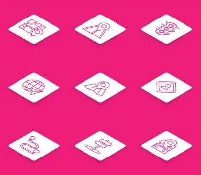 Set line Folded map with location marker, Road traffic sign, Traffic light,.. Stock Illustration