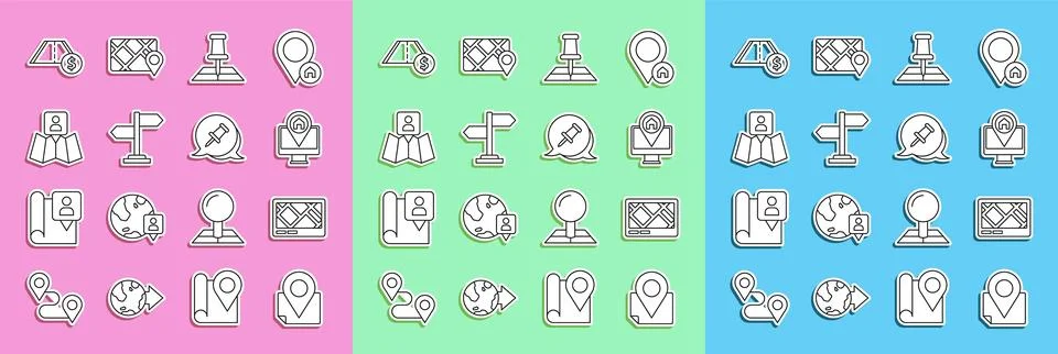 Set line Folded map with location marker, Gps device, Monitor, Road traffic.. Stock Illustration