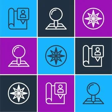 Set line Folded map with location marker, Wind rose and  icon. Vector Stock Illustration