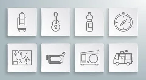 Set line Folded map with location, Guitar, Cinema camera, Radio antenna, Rv.. Stock Illustration