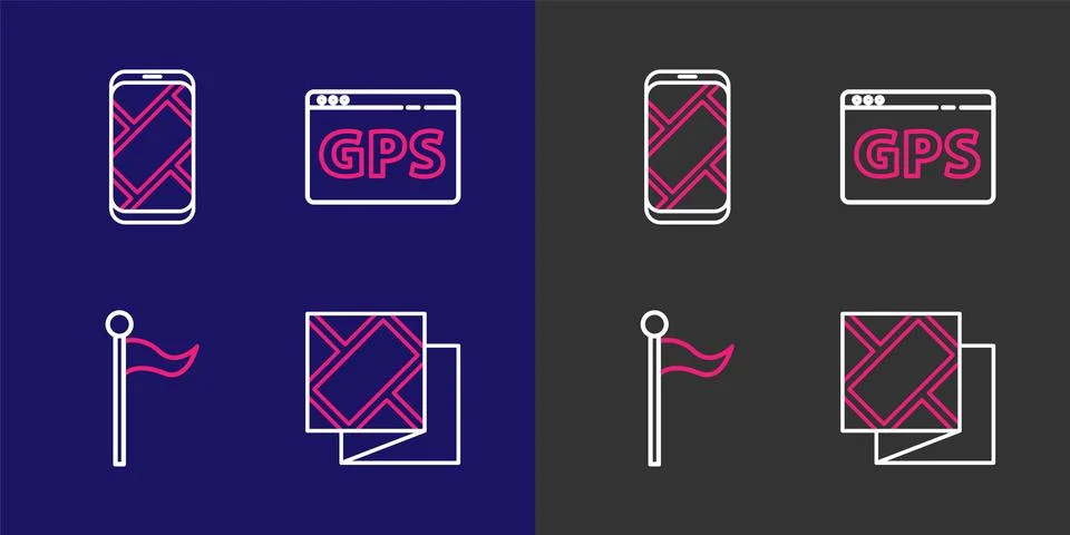Set line Folded map, Location marker, Gps device with and City navigation i.. Stock Illustration