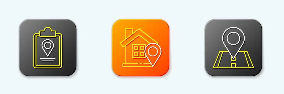 Set line Folded map with location marker, Location house and  icon. Vector Stock Illustration