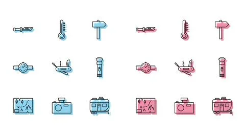 Set line Folded map with location, Photo camera, Camping knife, Rv trailer,.. Stock Illustration