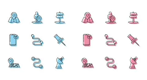 Set line Folded map with location marker, Route, Radar, Push pin, Infograph.. Stock Illustration