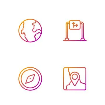 Set line Folded map with location marker, Compass, Earth globe and Road tra.. Stock Illustration