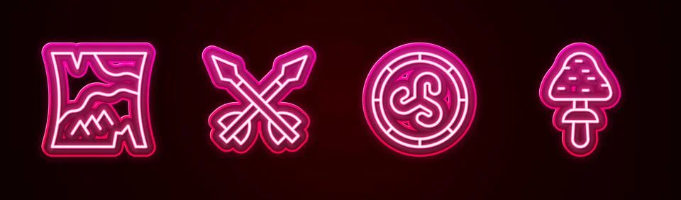 Set line Folded map, Medieval arrows, Shield viking and Mushroom. Glowing neo Illustrazione stock